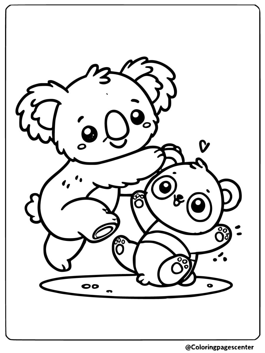 Coloring page of a cute koala playing with a bear