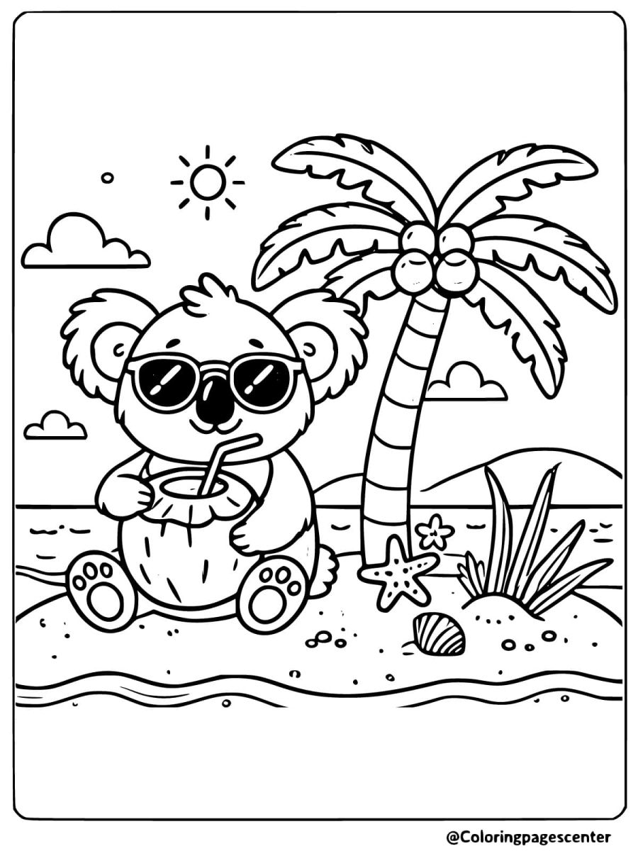 Coloring page of a cute koala relaxing on a beach