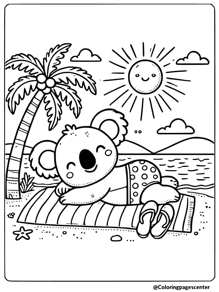 Coloring page of a cute koala relaxing on the beach