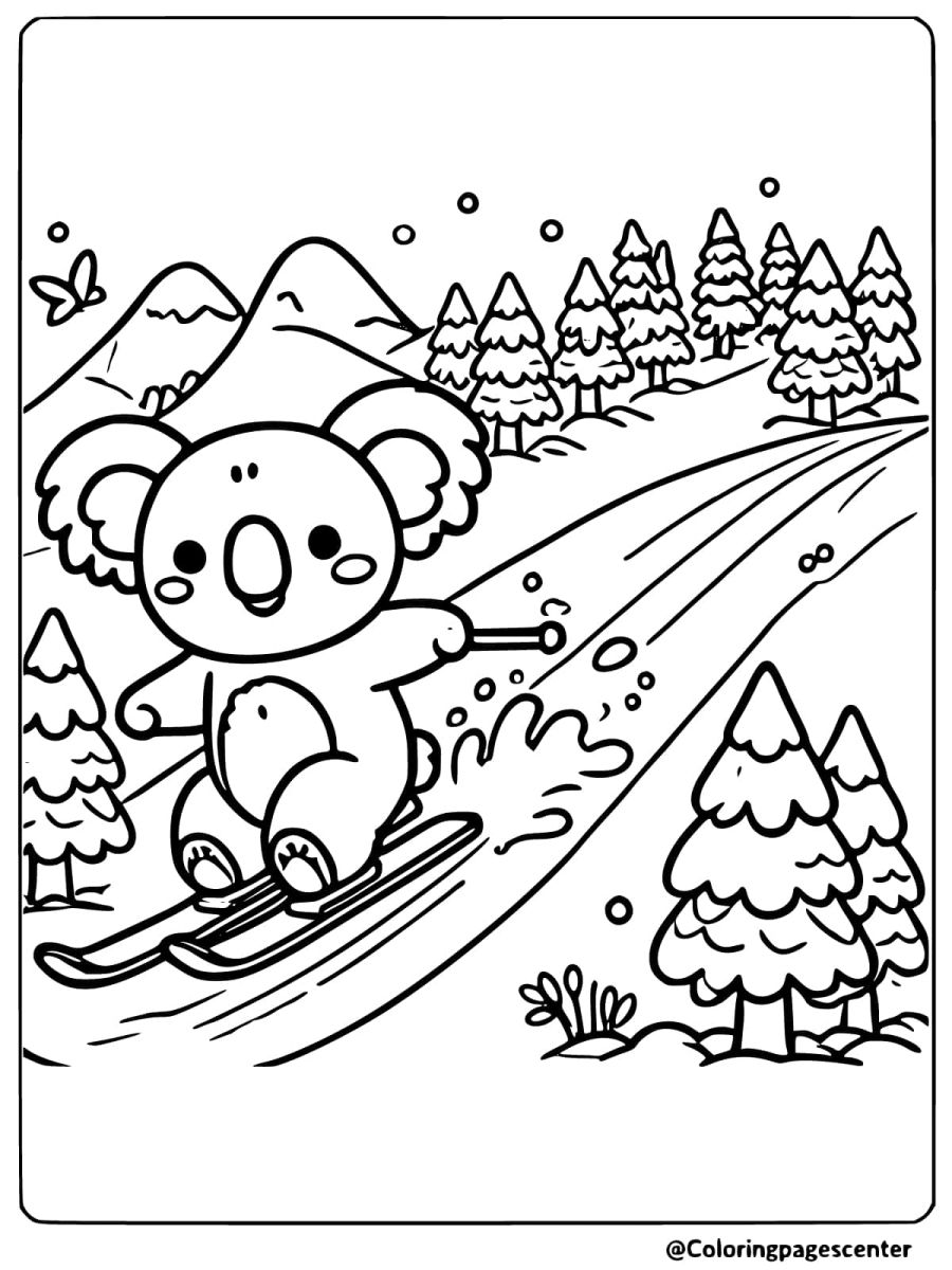 Coloring page of a cute koala skiing in the mountains