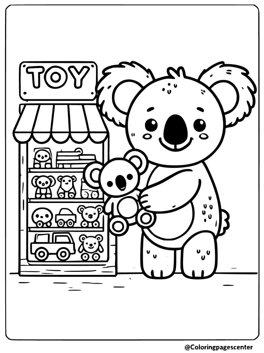 Coloring page of a cute koala with toy collection