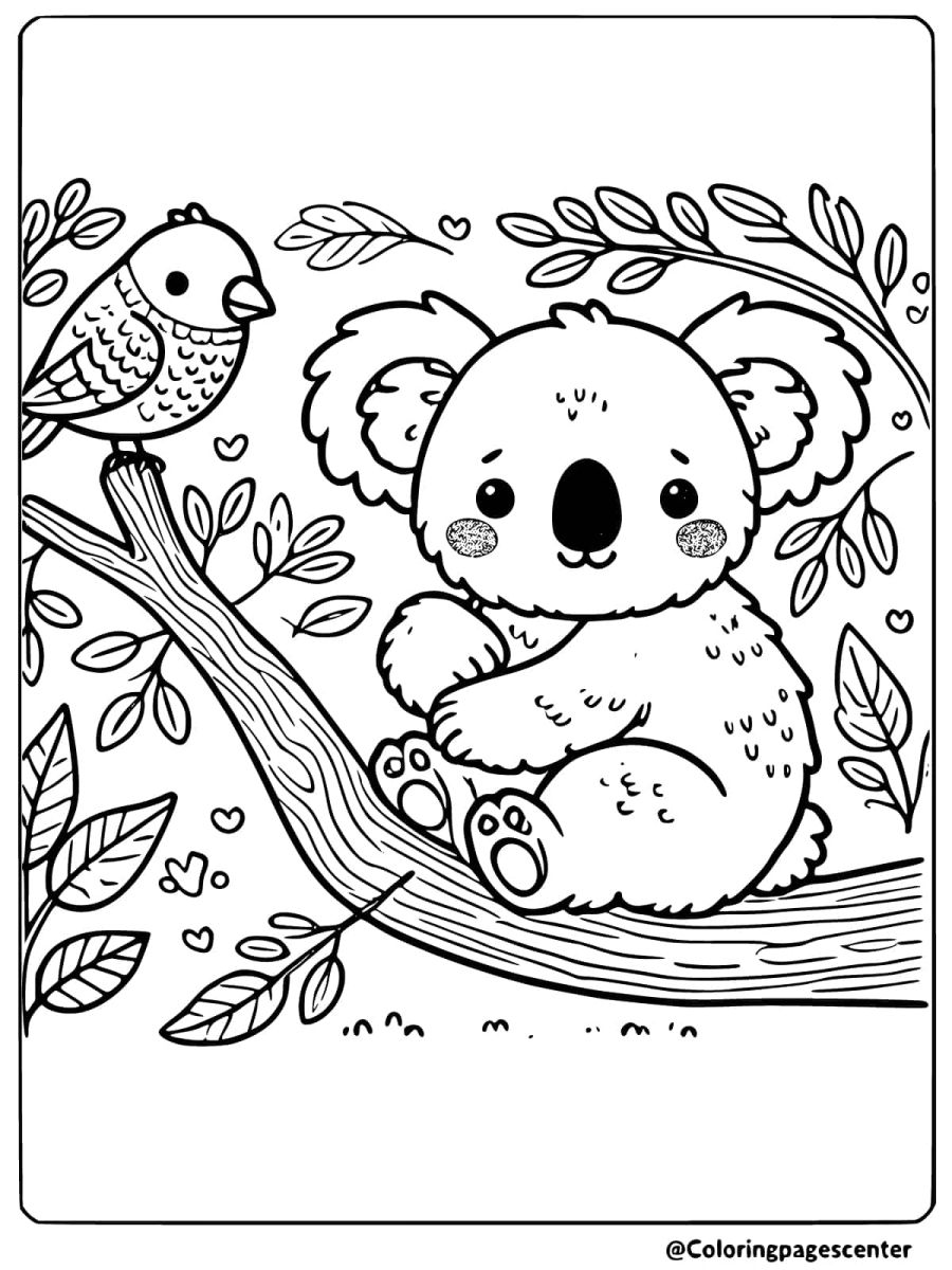 Coloring page of a koala and bird sitting on a branch with leaves