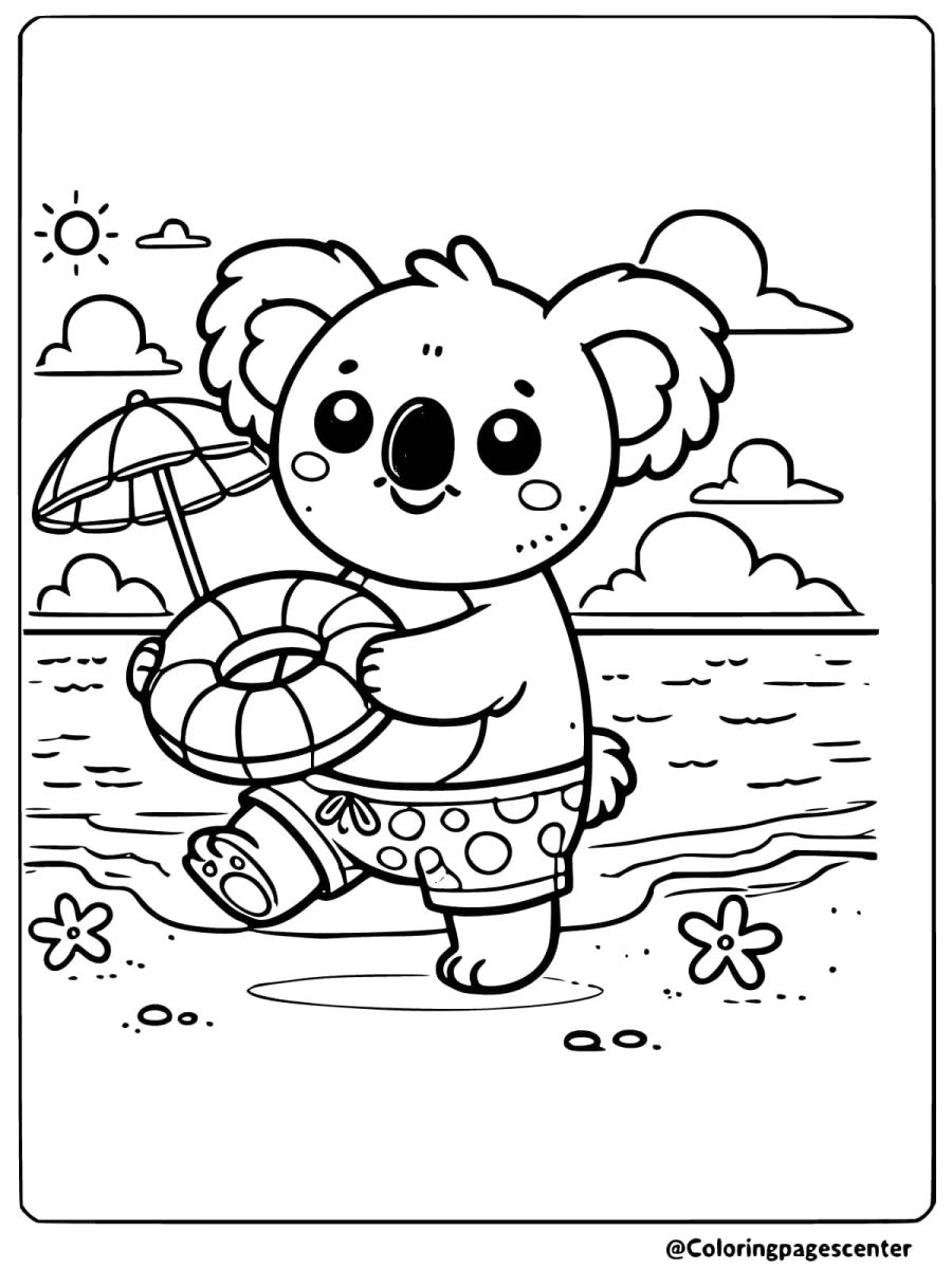 Coloring page of a koala at the beach with a float and umbrella