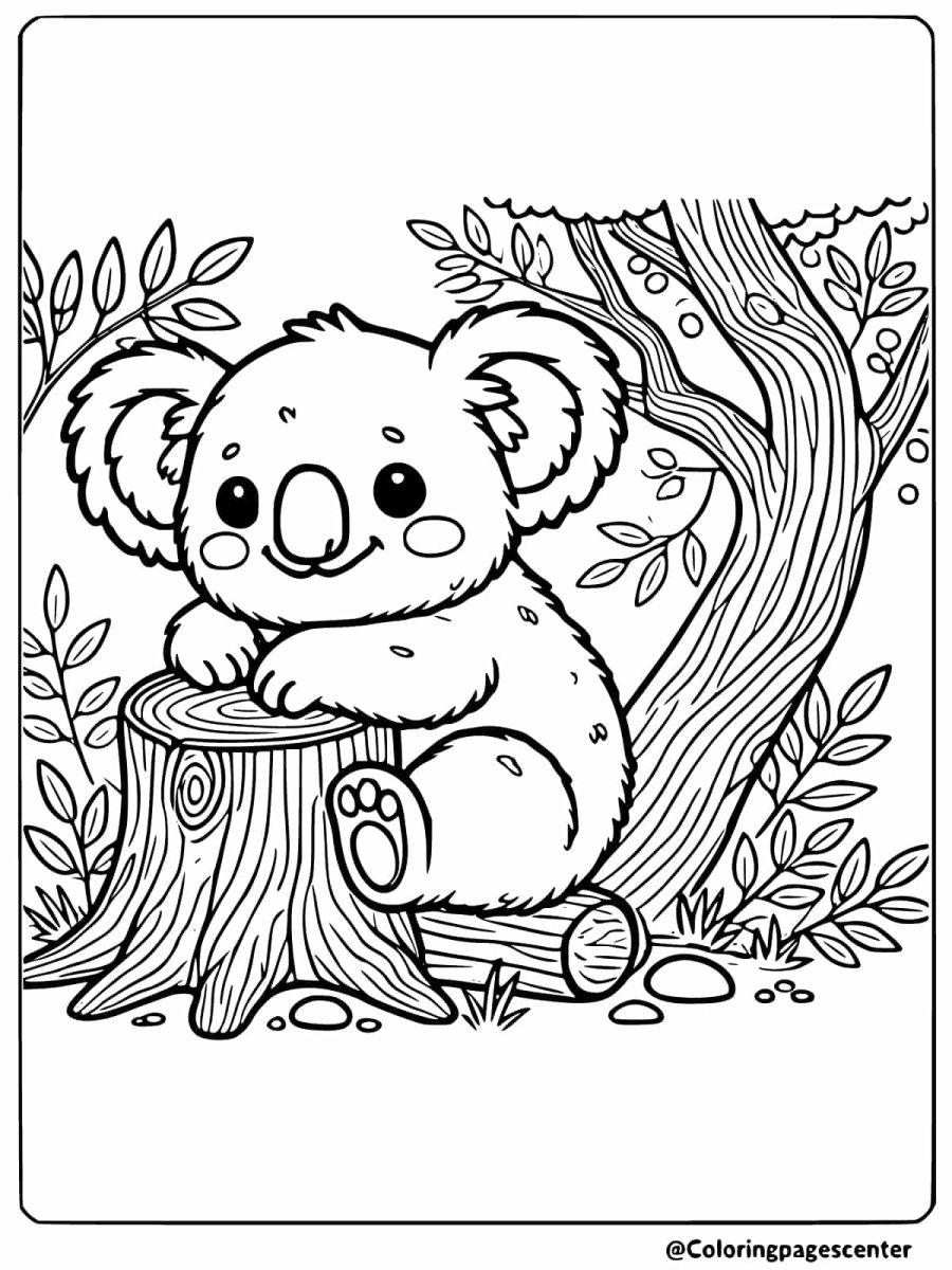 Coloring page of a cute koala by a tree stump with forest scene