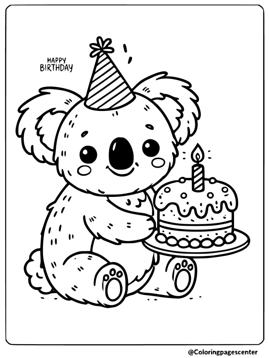 Koala celebrating birthday with a cake coloring page for kids