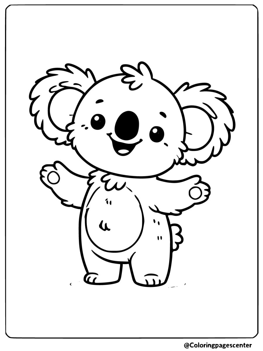 Cheerful koala standing with open arms ready to color for kids