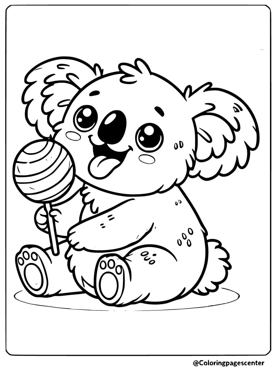 Koala enjoying a lollipop fun coloring page for kids