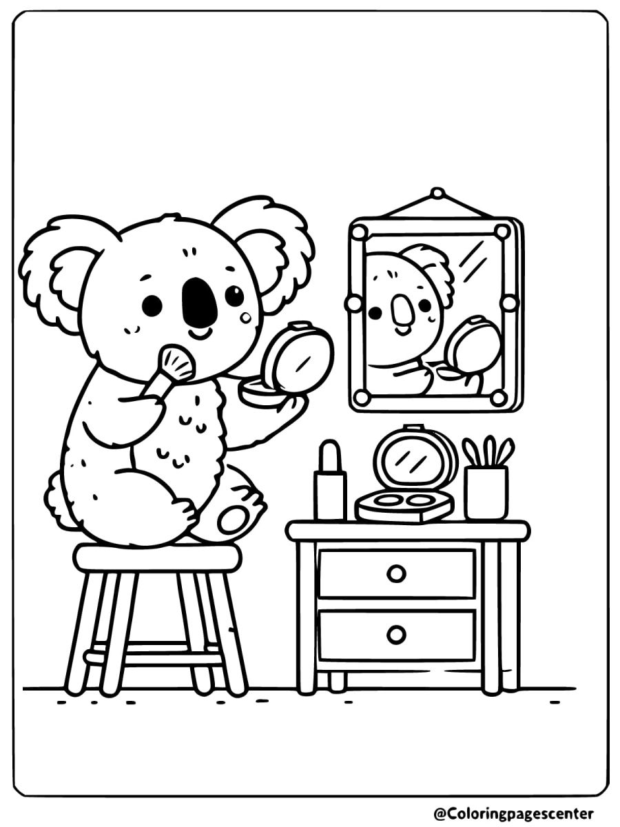 Coloring page of a koala doing makeup in front of a mirror