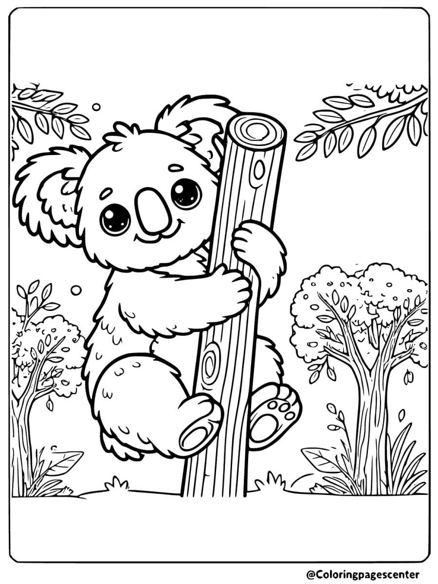 Coloring page of a smiling koala holding a log in the forest