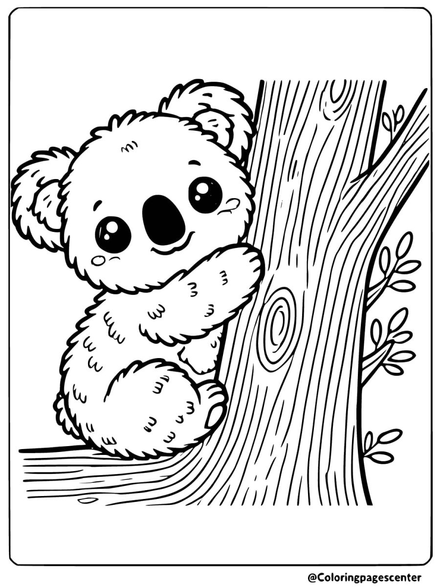 Coloring page of a koala holding a tree with simple background