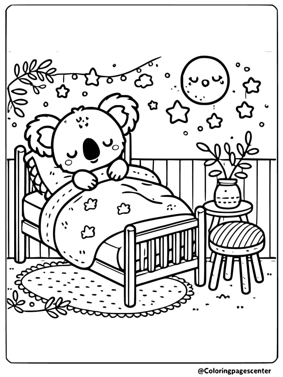 Coloring page of a koala in bed with stars and moon decorations