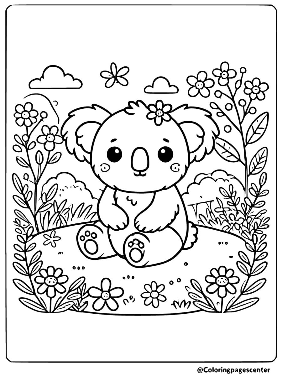 Coloring page of a koala sitting in a flower garden with plants