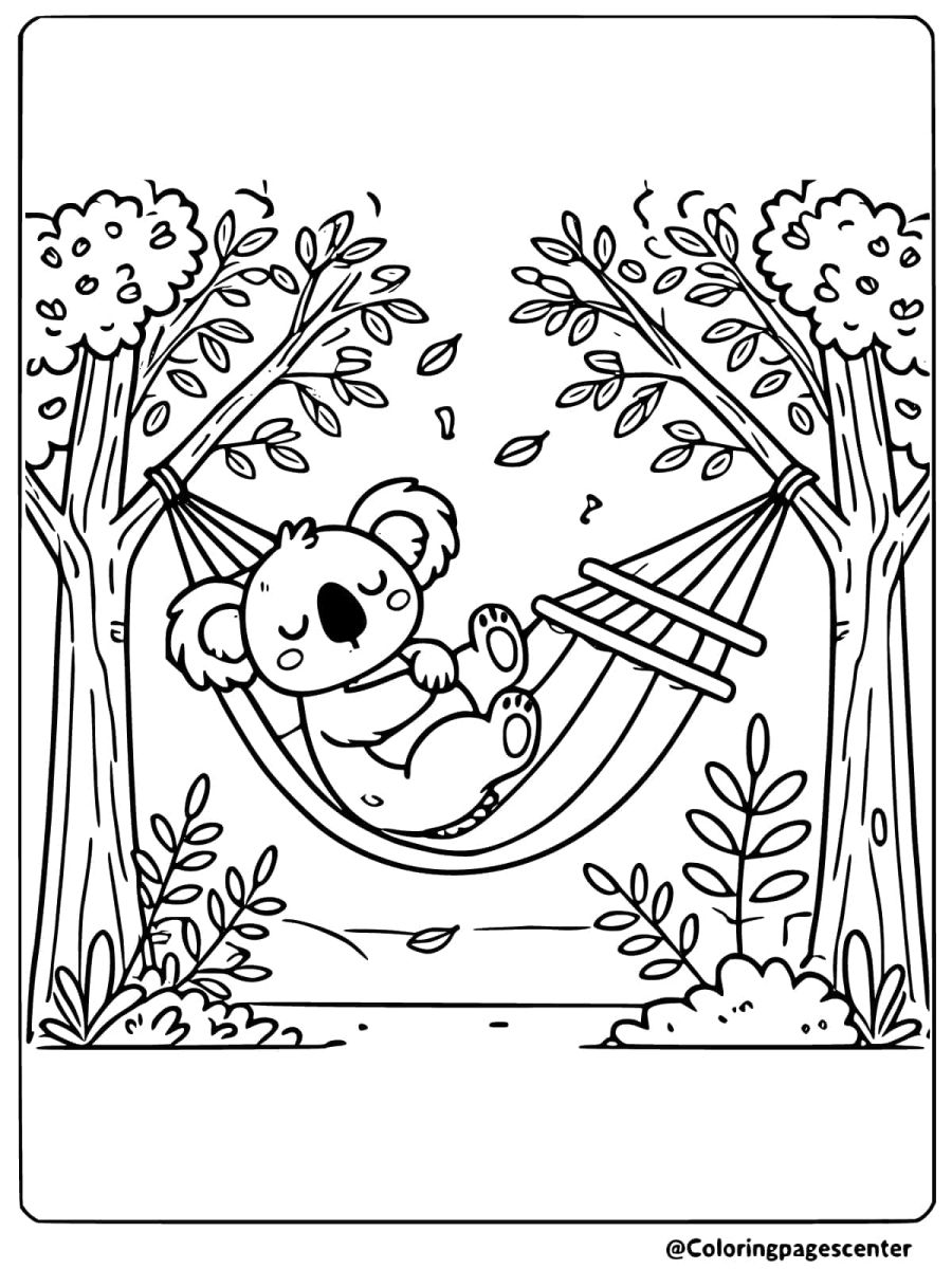 Coloring page of a koala relaxing in a hammock between trees