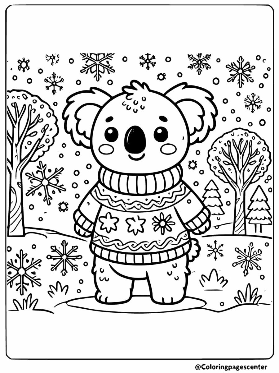 Coloring page of a koala in a winter sweater with snowflakes