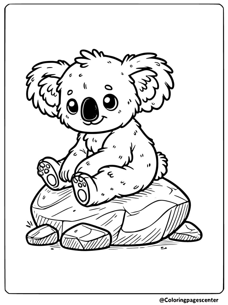 Coloring page of a cute koala sitting on a rock with simple details