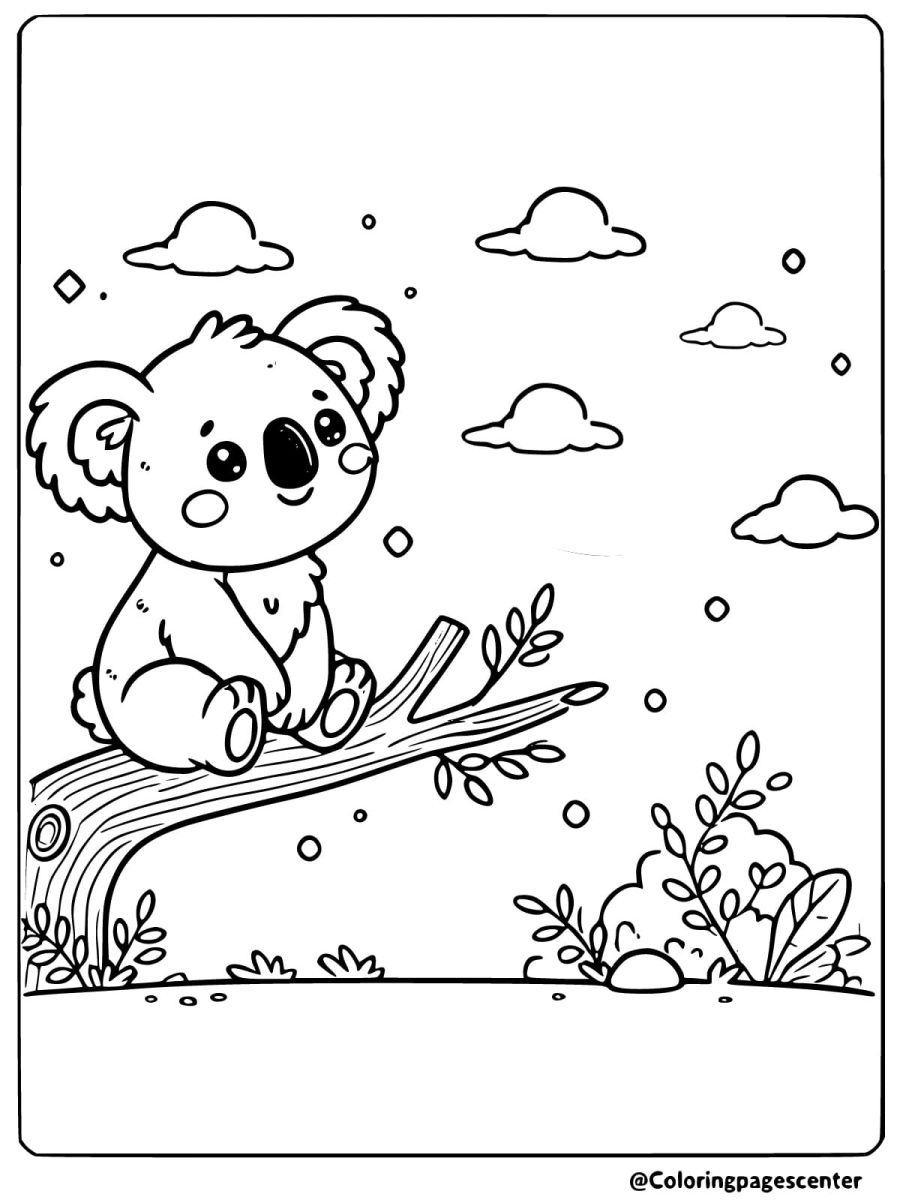 Coloring page of a koala sitting on a branch with clouds in the sky