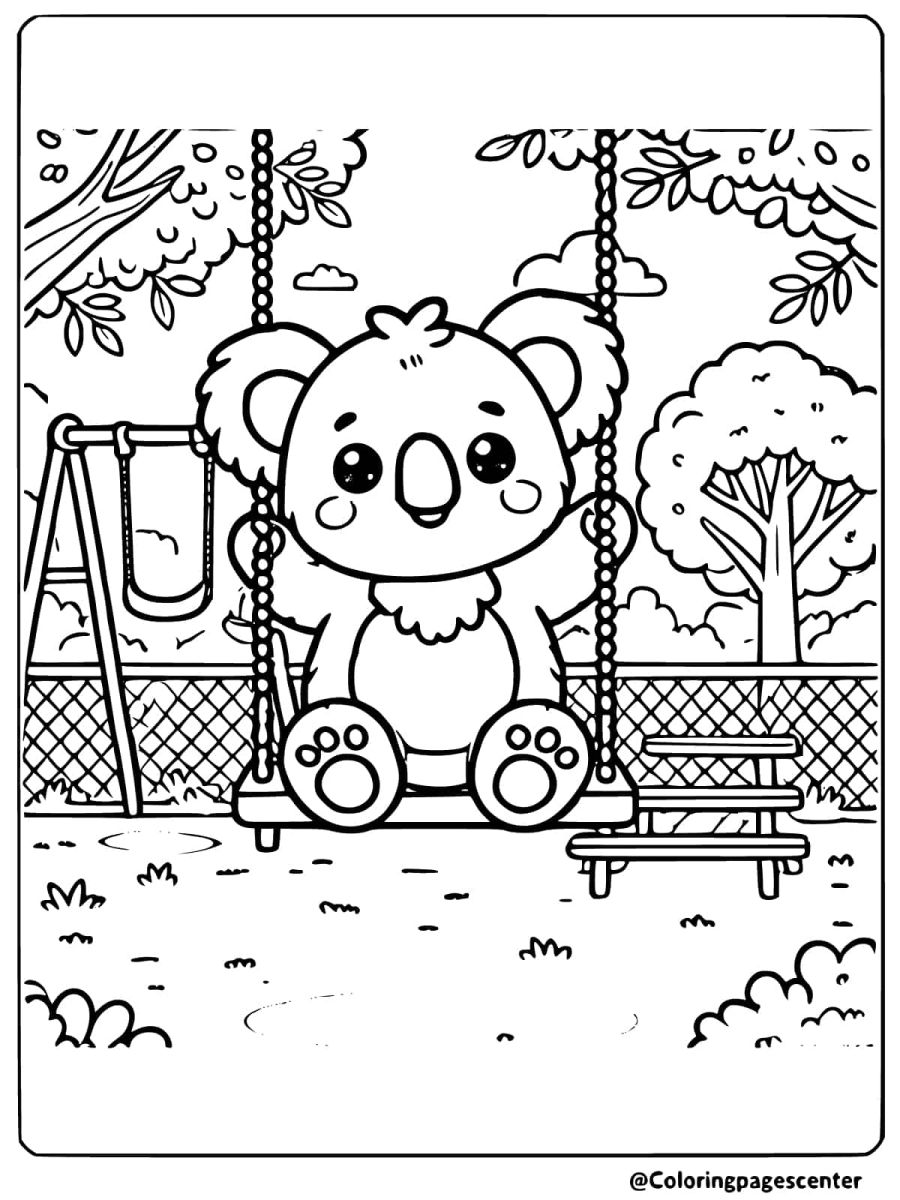 Coloring page of a koala sitting on a swing in a playground