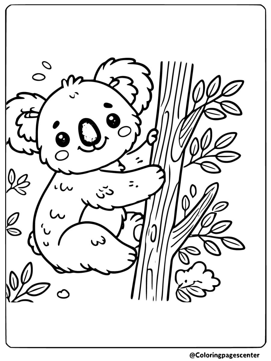 Coloring page of an adorable koala holding a tree with leaves