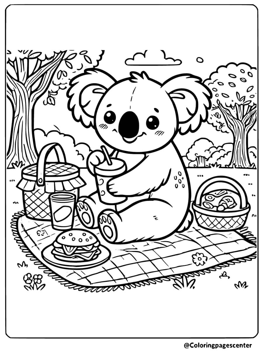 Coloring page of a koala enjoying a picnic with food and drinks