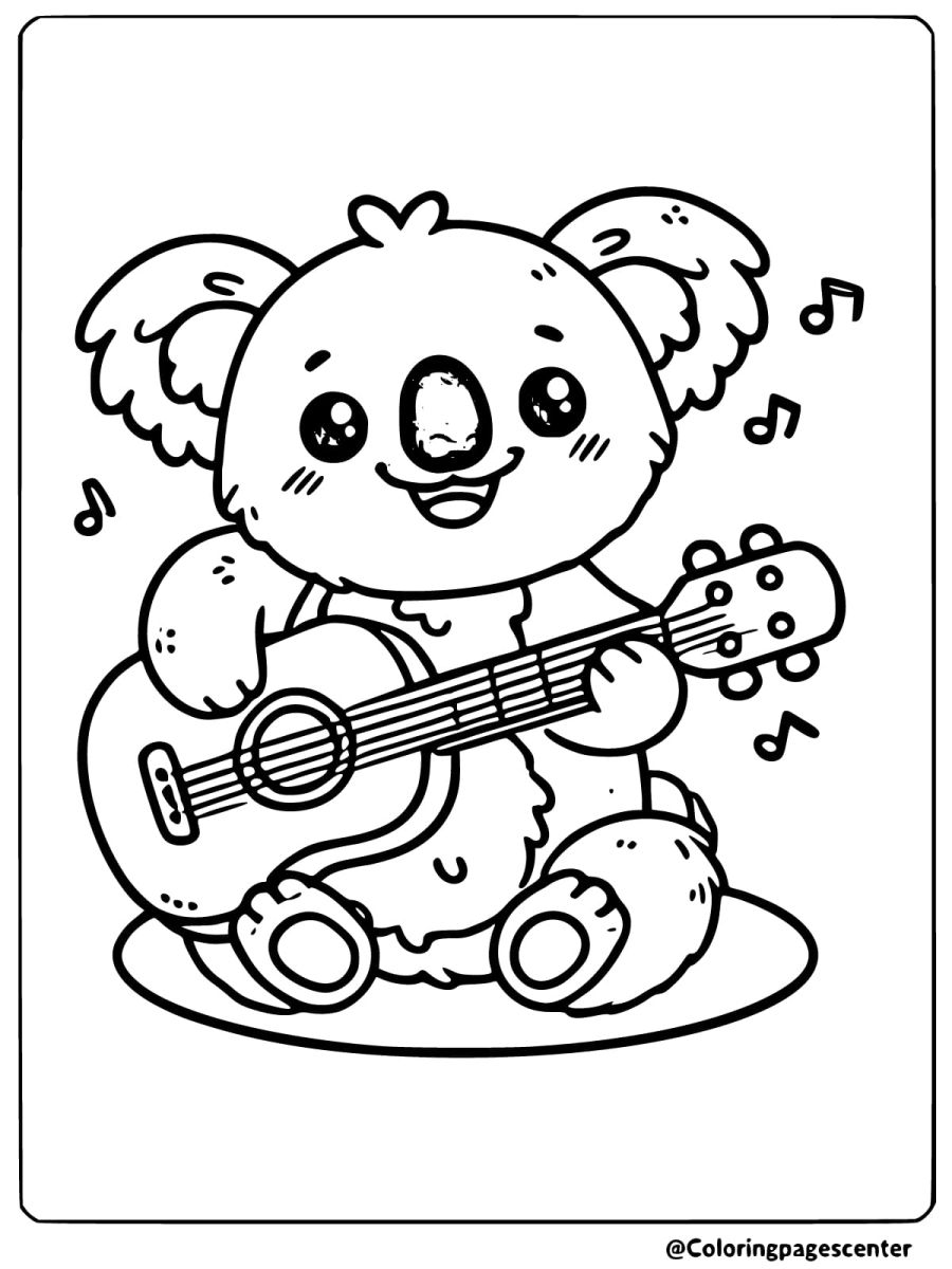 Coloring page of a koala playing a guitar with musical notes