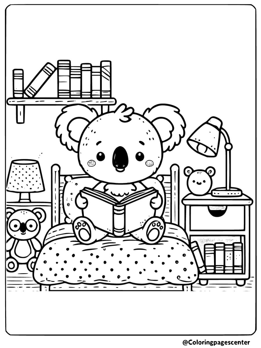 Coloring page of a koala reading a book in a cozy room