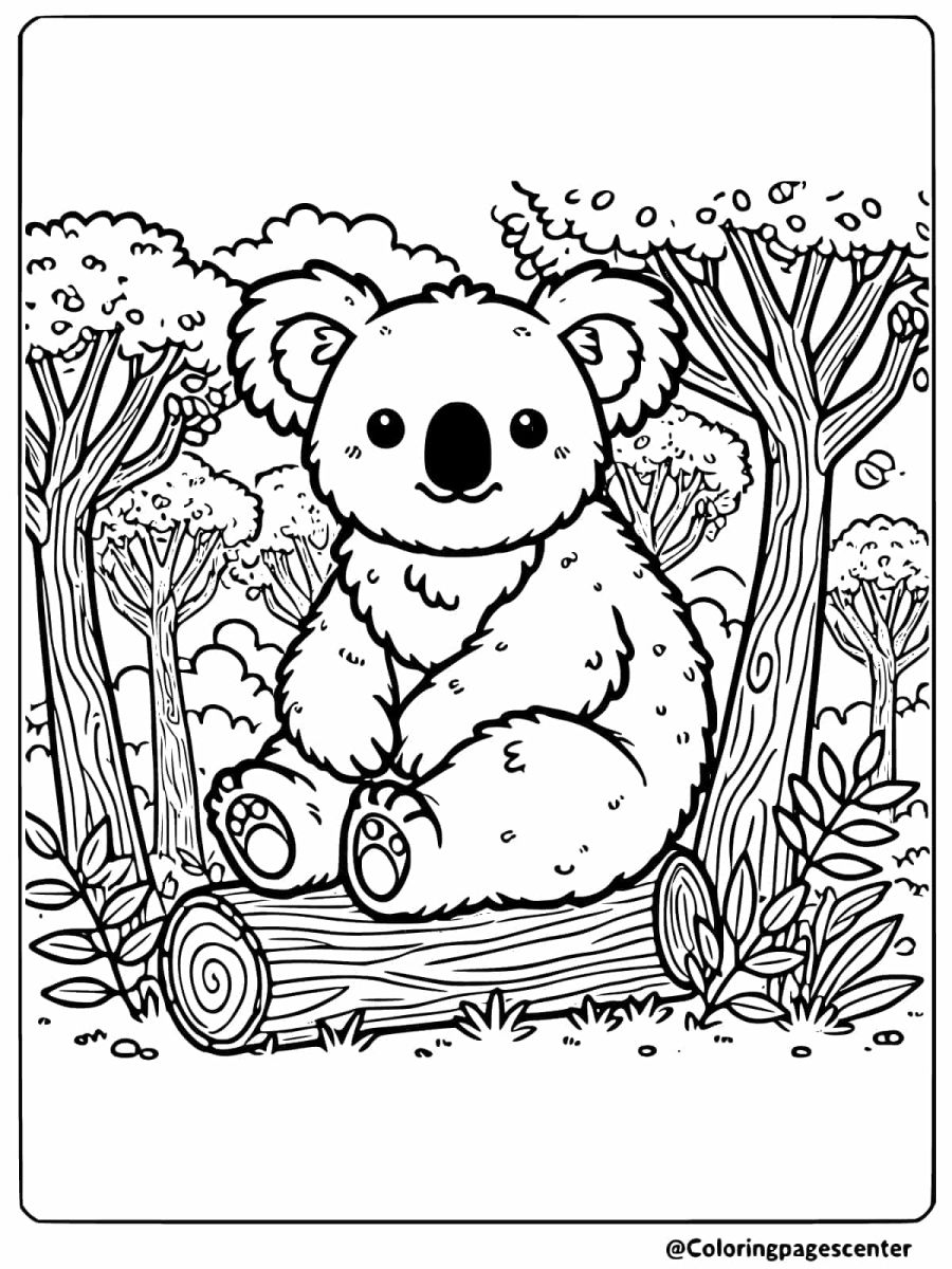 Coloring page of a koala sitting on a log in the woods