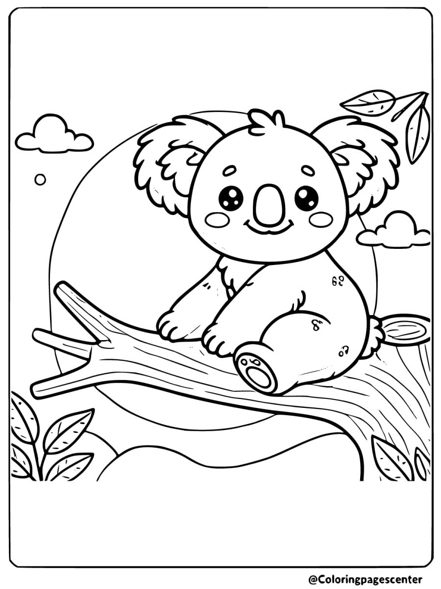 Coloring page of a happy koala on a branch with simple background