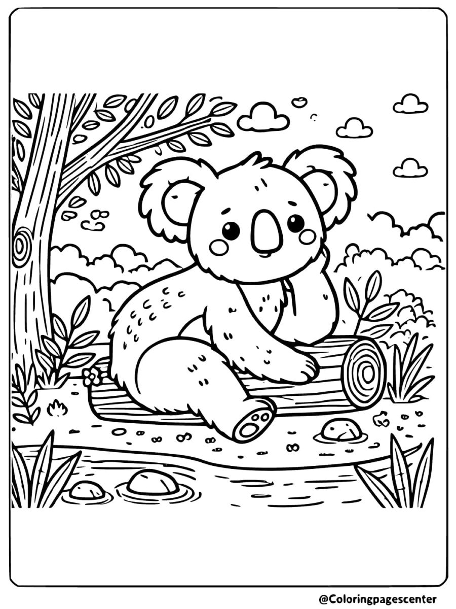 Coloring page of a koala sitting on a log by a pond with a tree