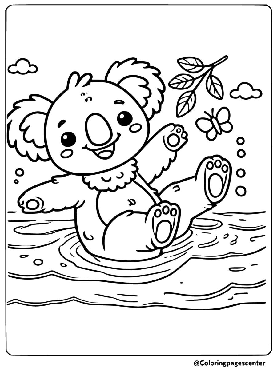 Coloring page of a koala splashing in water with a butterfly