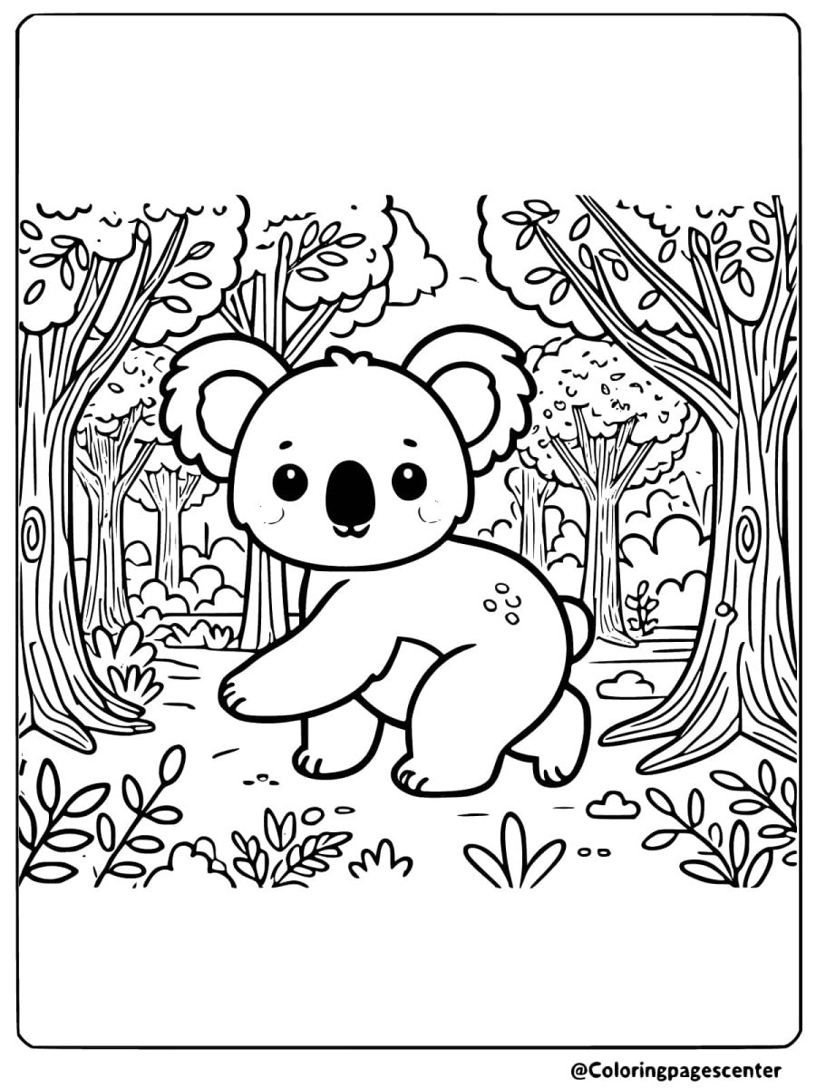 Coloring page of a koala walking in a forest with trees and plants