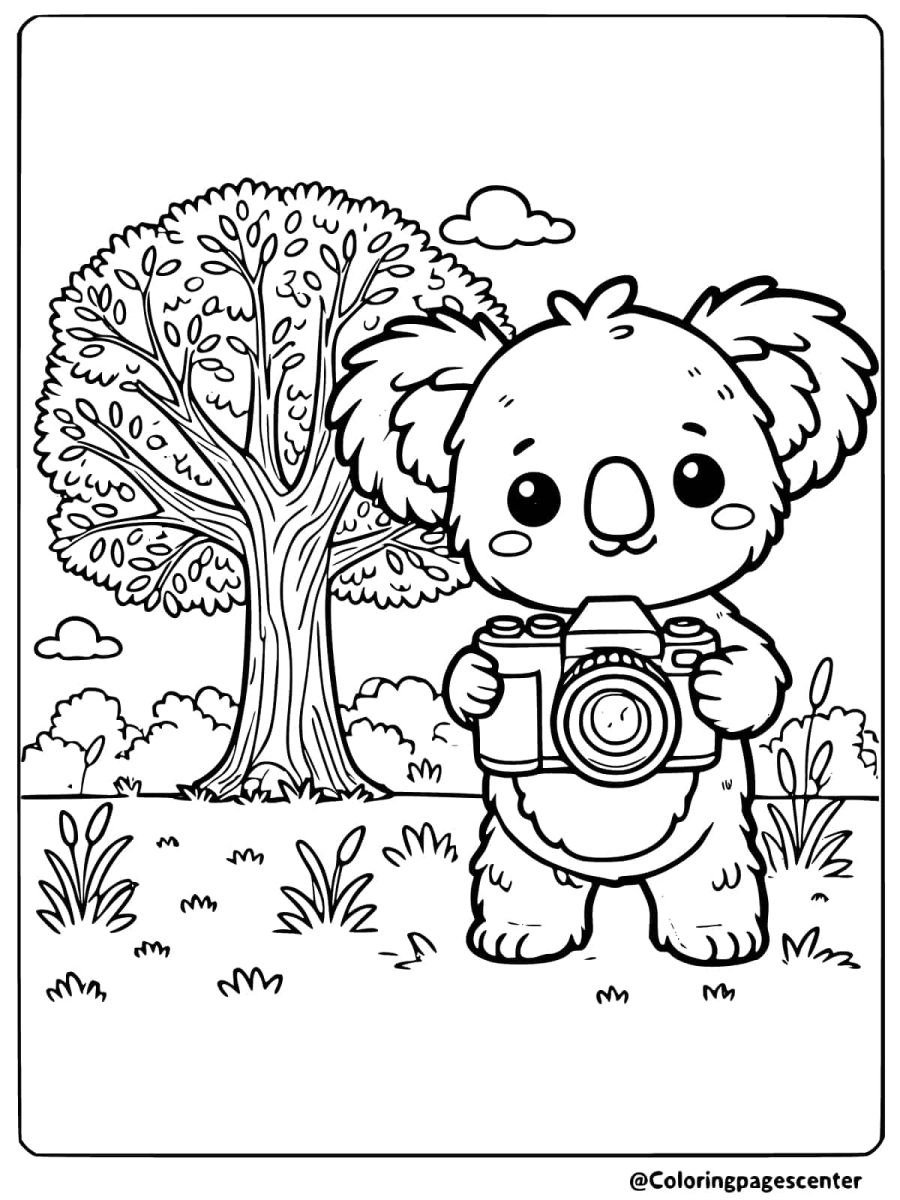 Coloring page of a koala holding a camera with a tree in the background