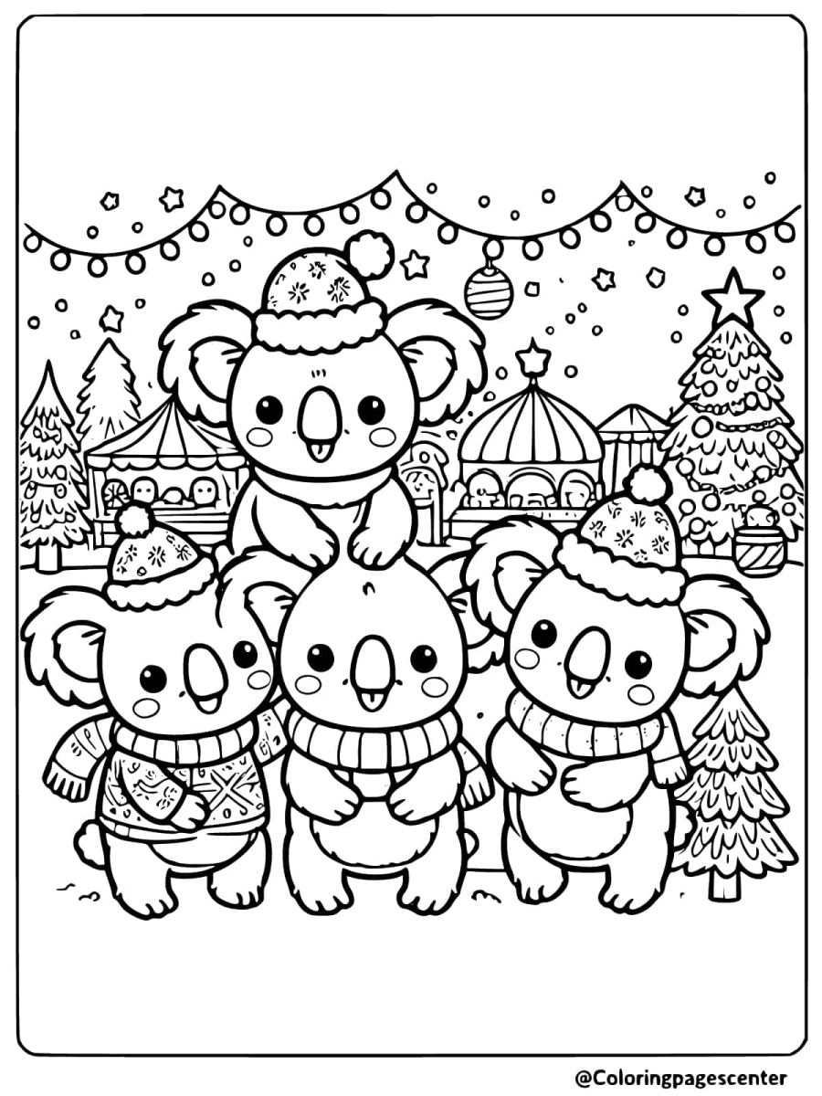 Coloring page of koalas at a festival