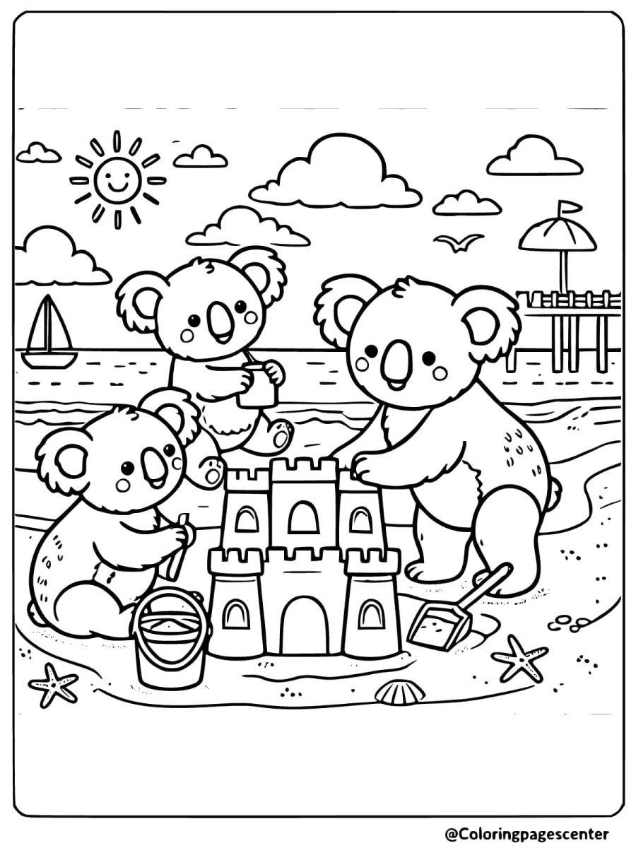 Coloring page of koalas building sandcastle