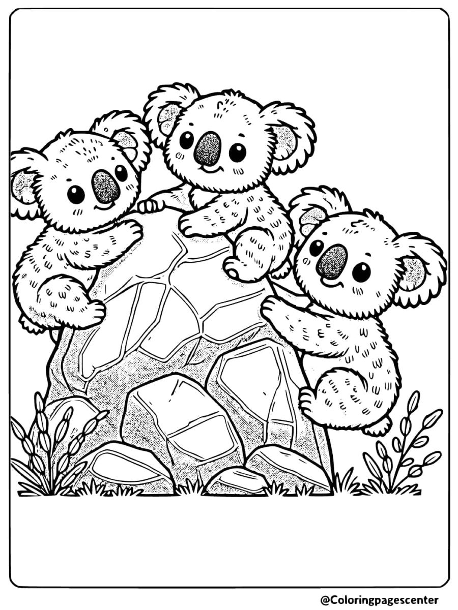 Coloring page of koalas climbing rocks