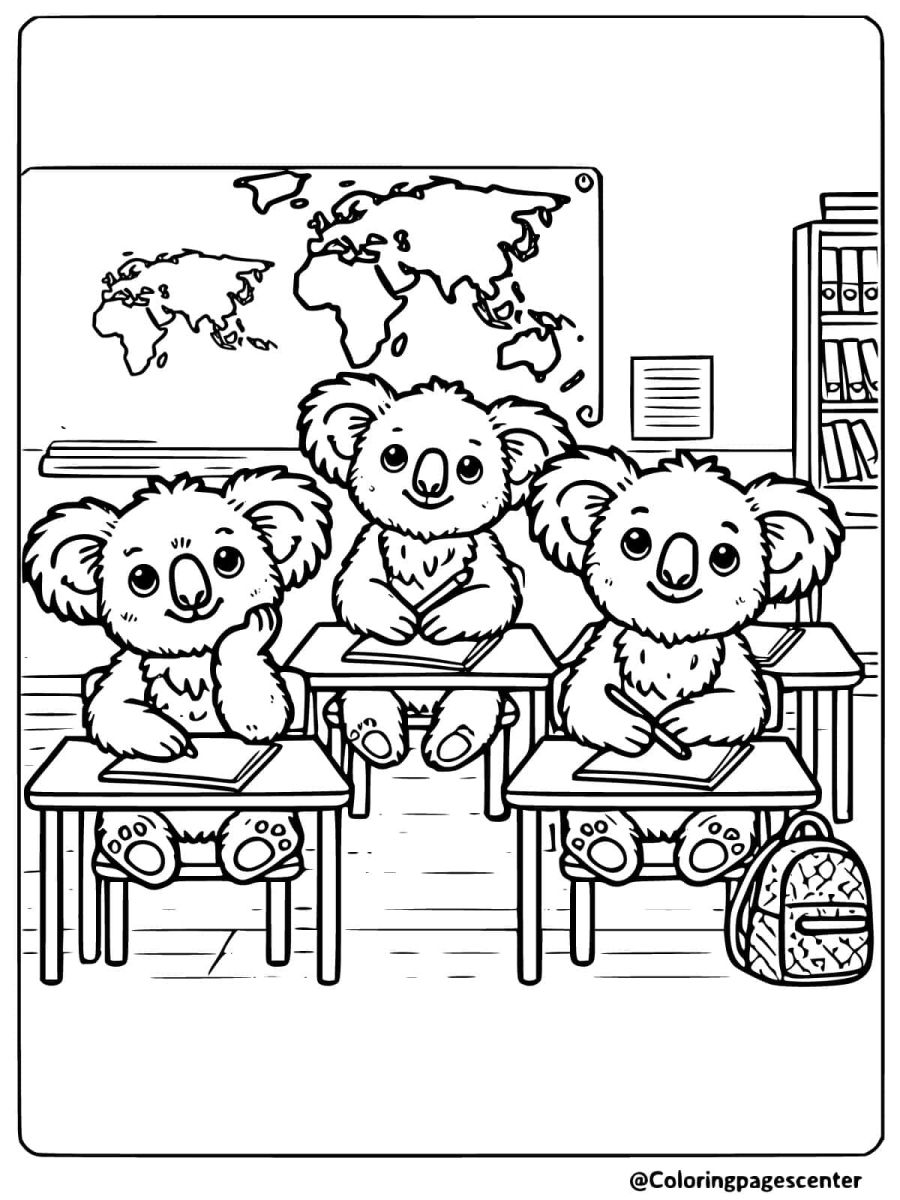 Coloring page of koalas in a classroom