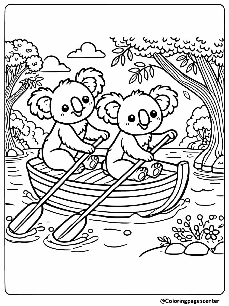 Coloring page of two koalas rowing a boat