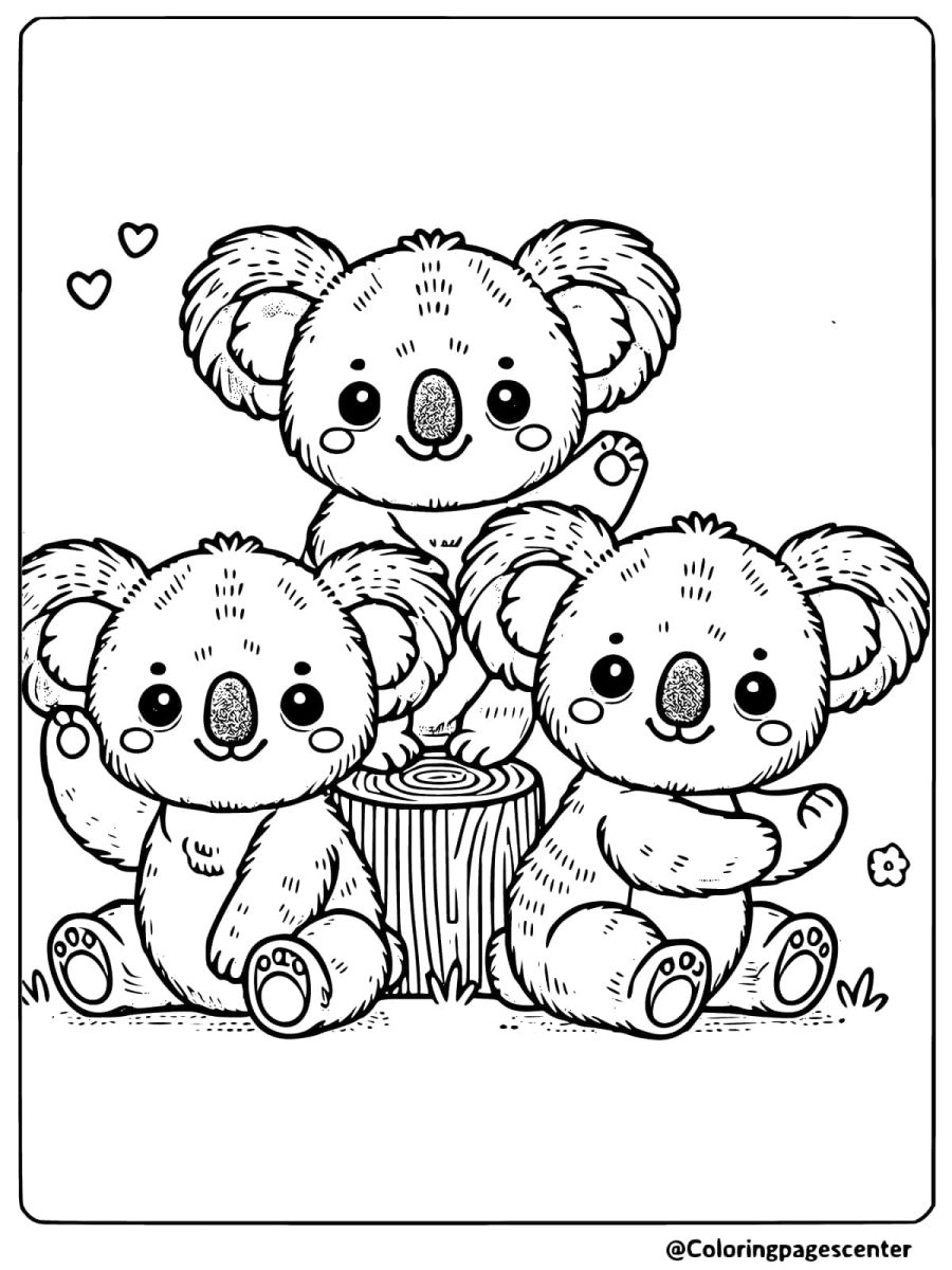 Coloring page of three koalas sitting together