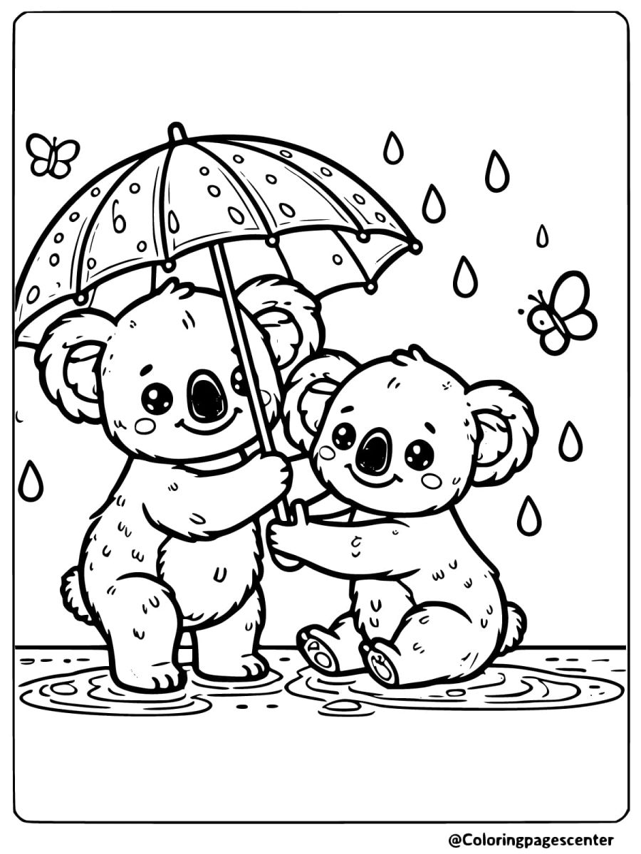 Coloring page of two koalas holding an umbrella