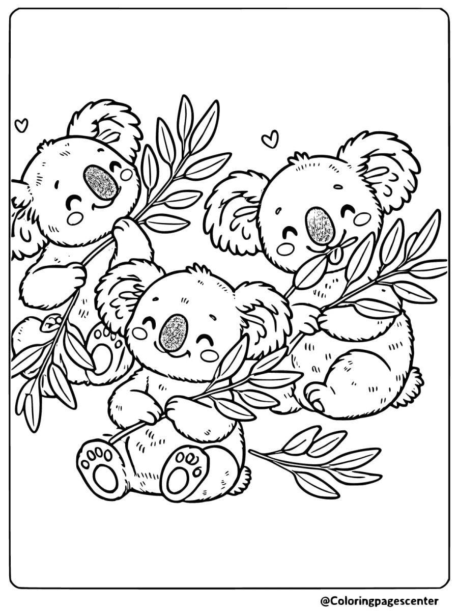 Coloring page of three koalas with leaves