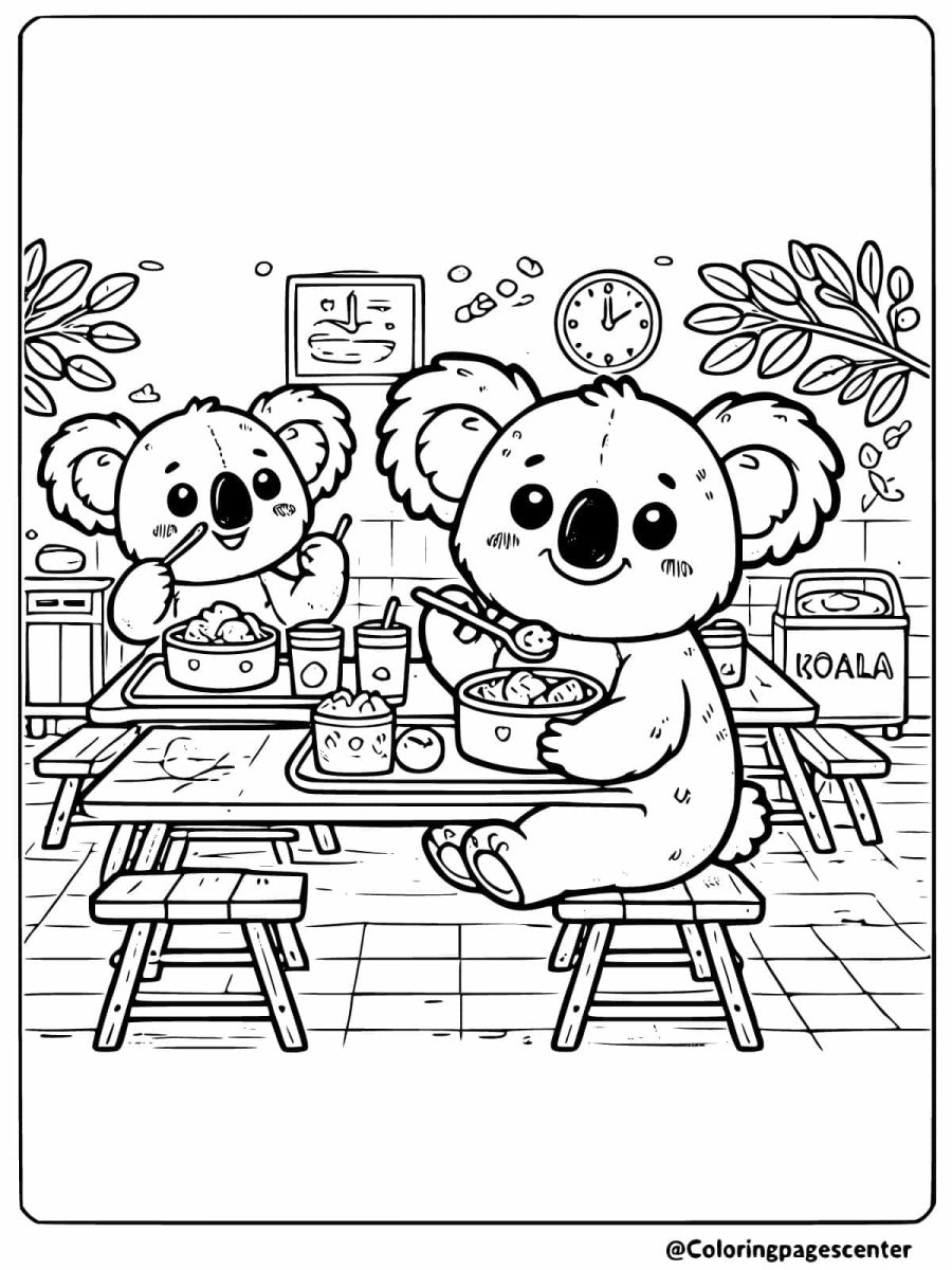 Coloring page of two koalas eating at a table in a cozy room