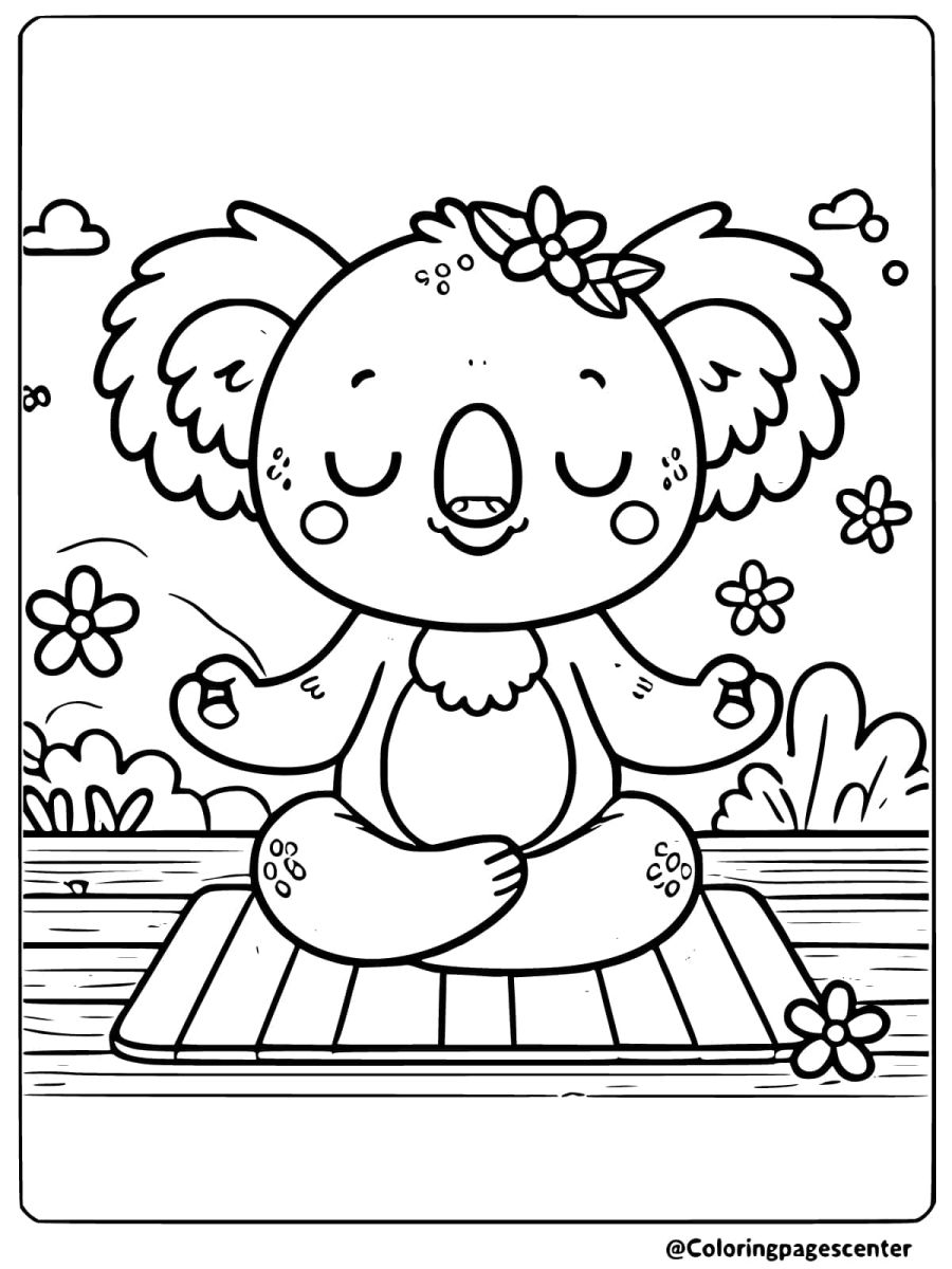 Coloring page of a meditating koala with flowers and a simple background