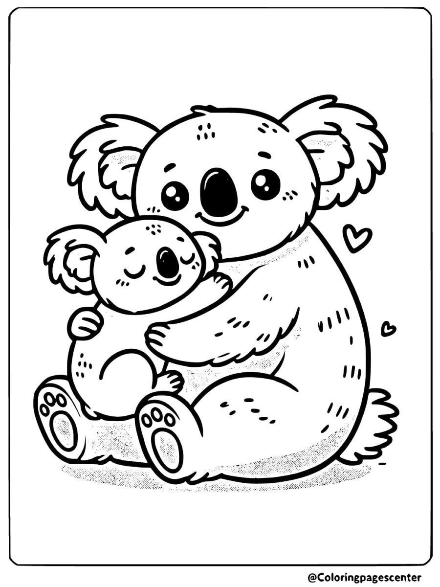 Coloring page of a mother koala hugging baby koala with hearts