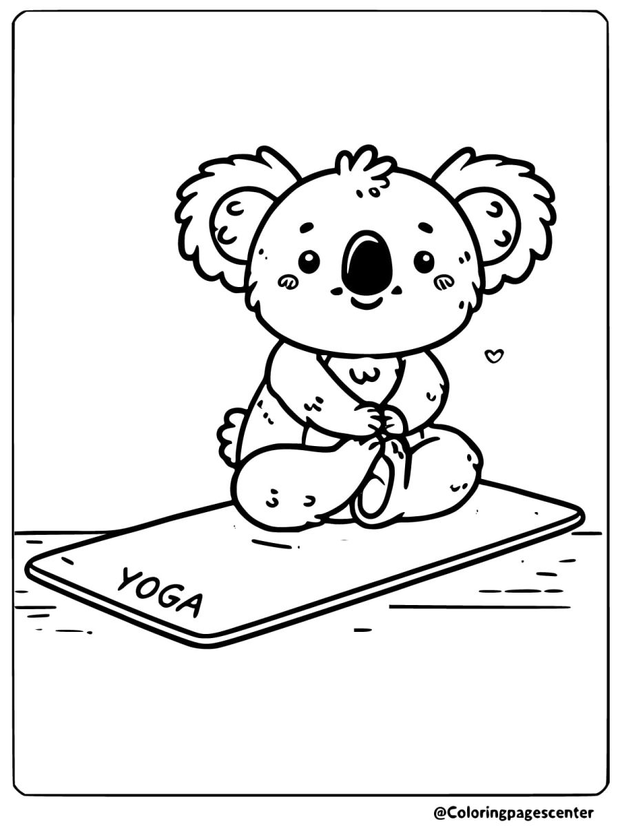 Coloring page of a koala doing yoga on a mat with a heart