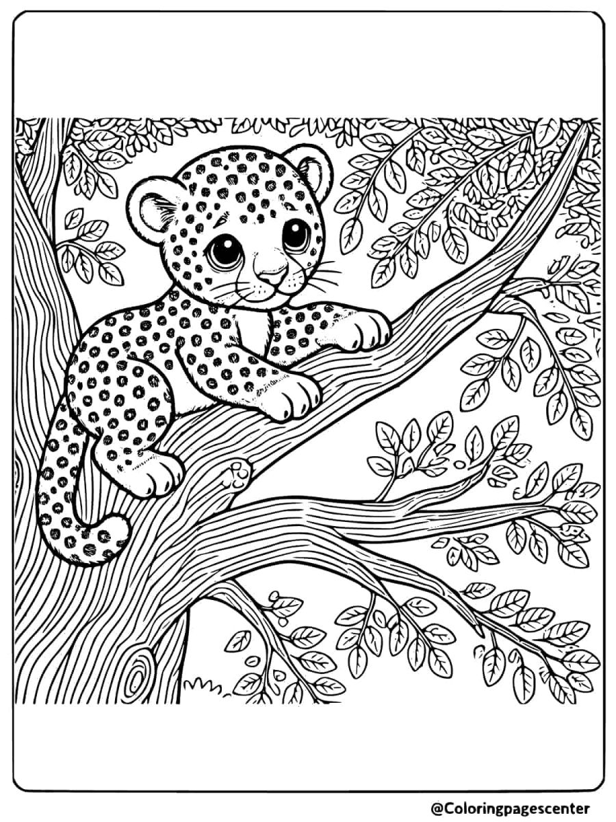 Baby leopard perched high in a tree coloring page