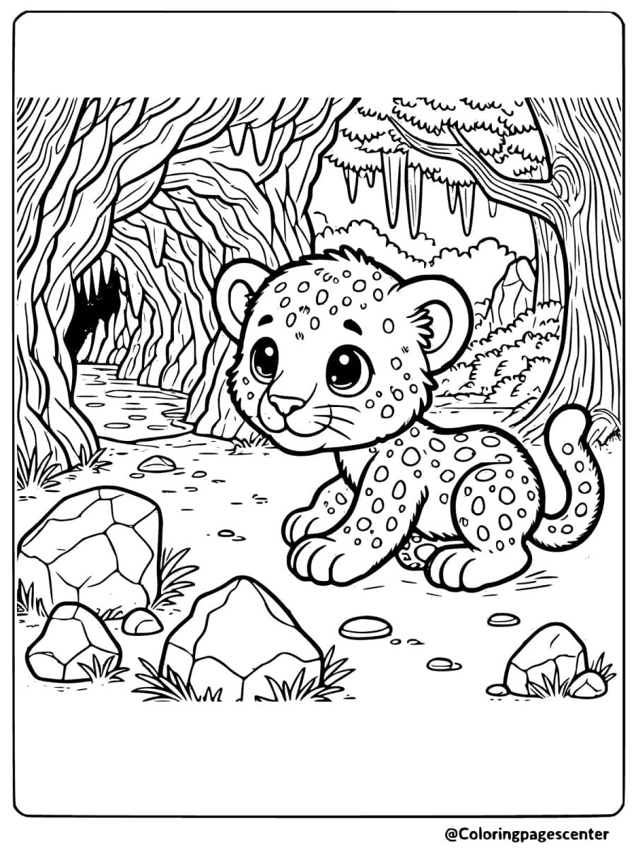 Curious baby leopard in front of a cave coloring page