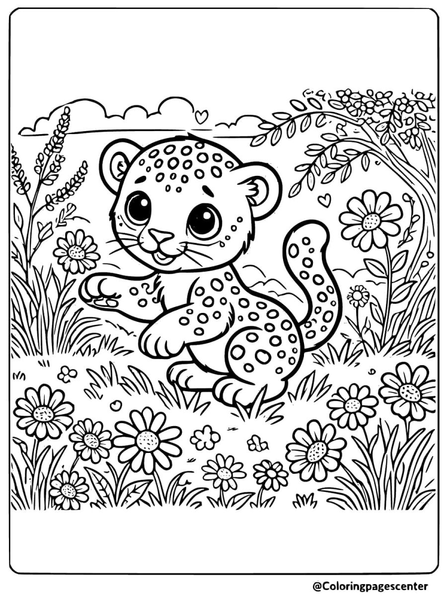 Baby leopard in a flower field coloring page