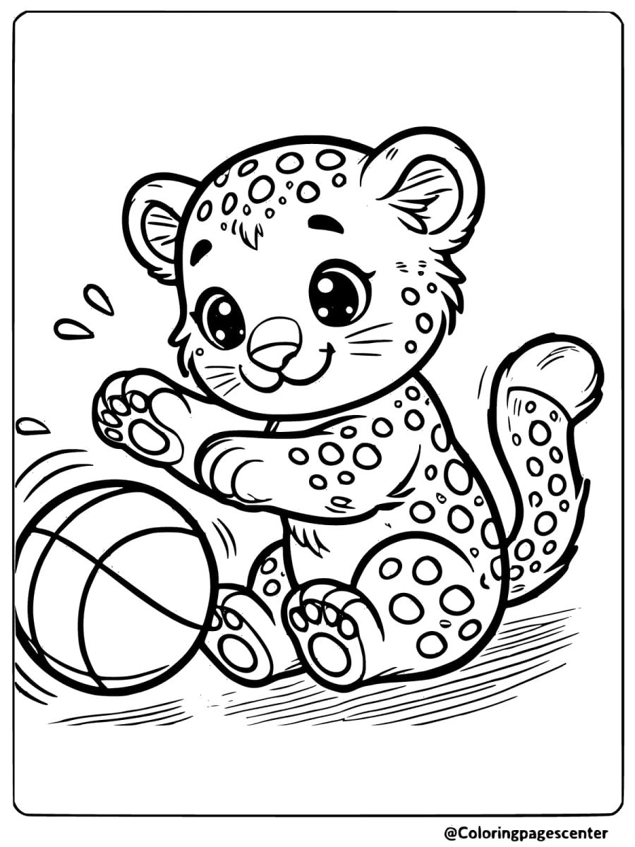 Adorable baby leopard having fun with a ball coloring page