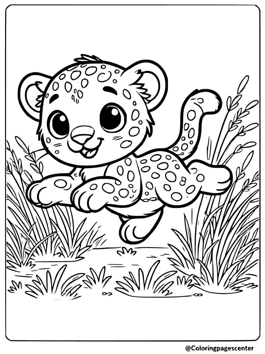 Cute baby leopard sprinting in the grass coloring page