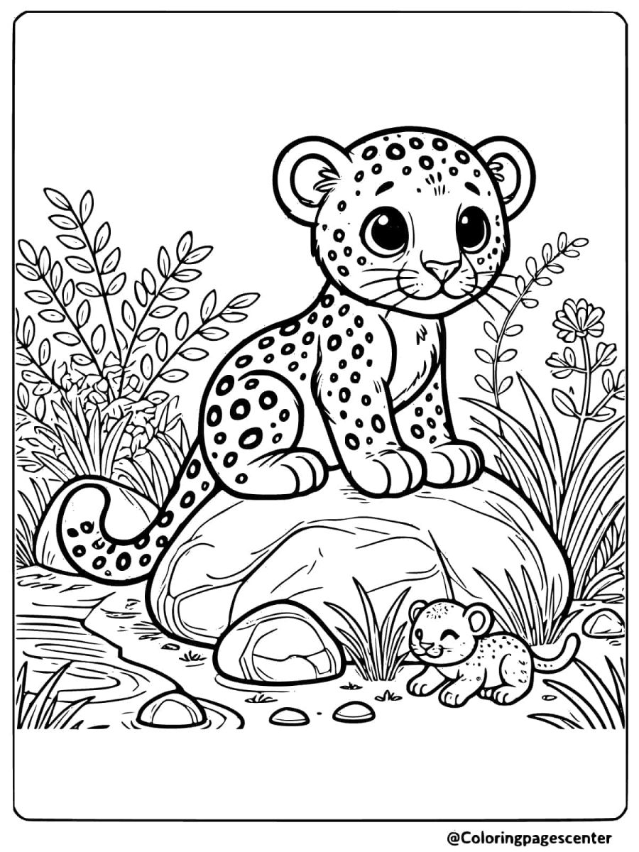 Cute baby leopard perched on a rock coloring page