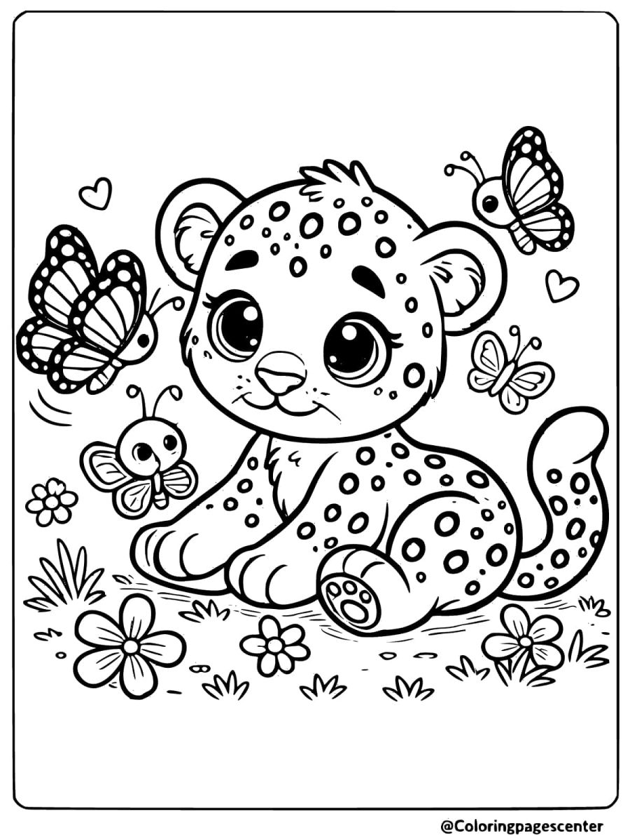 Baby leopard interacting with butterflies coloring page